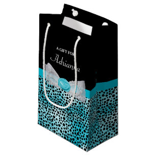 Petit Sac Cadeau Cute Turquoise Cheetah Imprimer Frilly Bow et nom