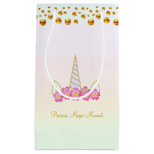Petit Sac Cadeau Cute Unicorne, Fleurs Roses & Confetti Or