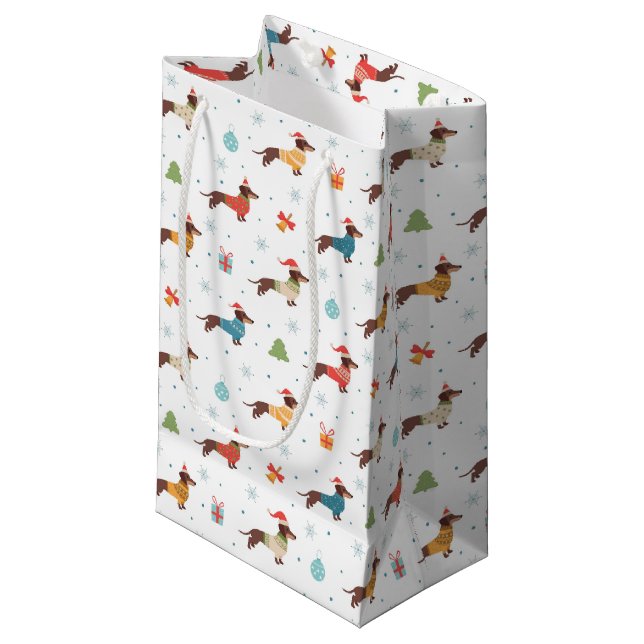 Petit Sac Cadeau Dachshunds dans le Motif des pulls de Noël (Devant Angle)