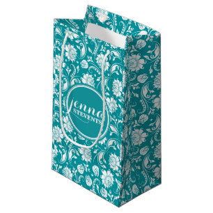 Petit Sac Cadeau Damas florales bleu turquoise et blanc