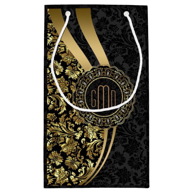 Petit Sac Cadeau Damas noir et or monogrammes Bandes dynamiques (Dos)