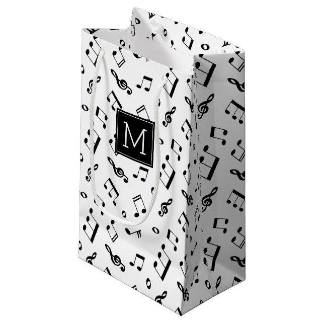 Petit Sac Cadeau Dancing Music Notes Motif et monogramme (Devant Angle)