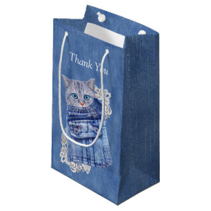 Petit Sac Cadeau Denim Jean poches, chatons et dentelle