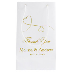 Petit Sac Cadeau Deux Coeurs Or Élégants MERCI MARIAGE