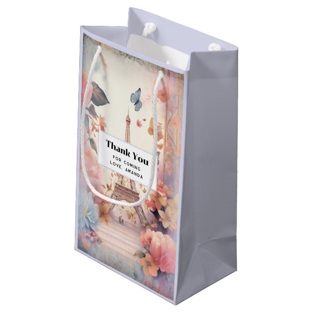 Petit Sac Cadeau Eiffel Tower Butterflies and Flowers Thank You (Dos Angle)