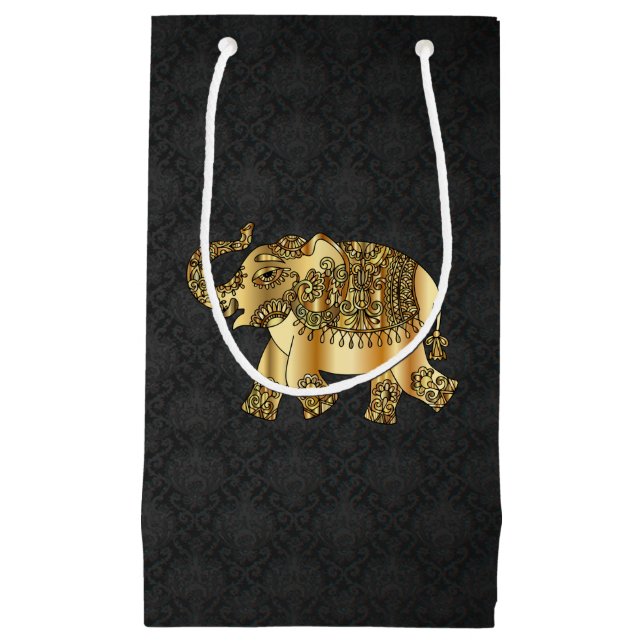 Petit Sac Cadeau Elégant Eléphant Floral Paisley Or, Damas Noir (Devant)