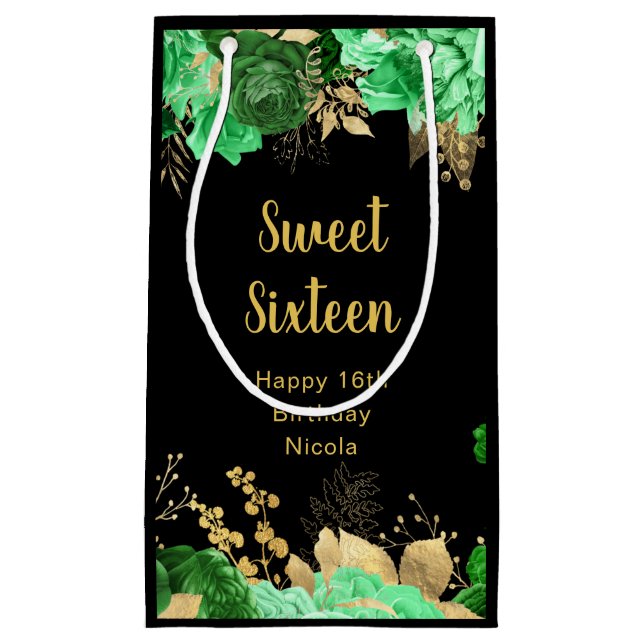Petit Sac Cadeau Elegant Green and Gold Flowers Sweet Sixteen (Devant)