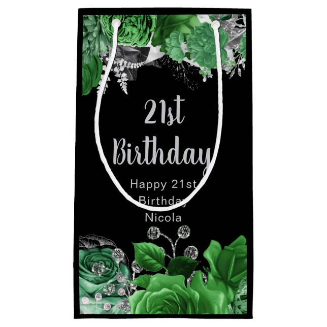 Petit Sac Cadeau Elegant Green and Silver Flowers Birthday Party  (Devant)