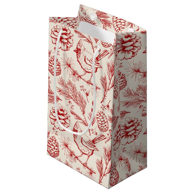 Petit Sac Cadeau Elégant Oiseau cardinal rouge, pins et baies d'hiv (Devant Angle)