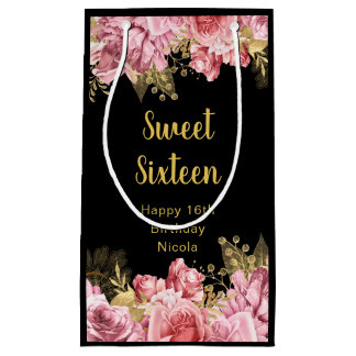 Petit Sac Cadeau Elegant Pink and Gold Flowers Sweet Sixteen 