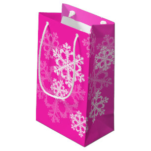 Petit Sac Cadeau Élégant Pink Snowflakes motif de Noël moderne