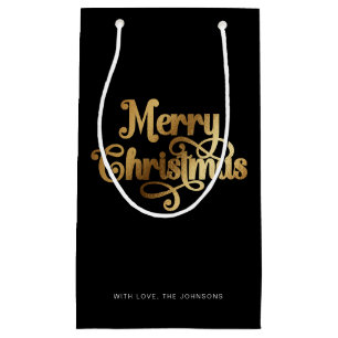 Petit Sac Cadeau Élégant Script chic Black Gold Joyeux Noël