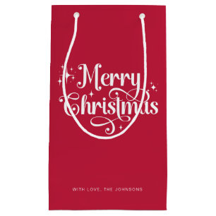 Petit Sac Cadeau Élégant Script chic Rouge & blanc Joyeux Noël
