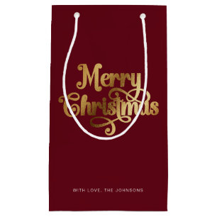 Petit Sac Cadeau Élégant Script Chic Rouge Or Joyeux Noël
