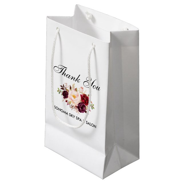 Petit Sac Cadeau Elégante aquarelle Bourgogne Merci floral (Devant Angle)