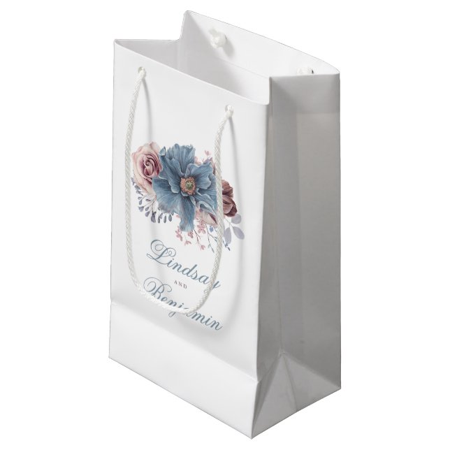 Petit Sac Cadeau Elégante aquarelle florale bleu et mauve (Devant Angle)