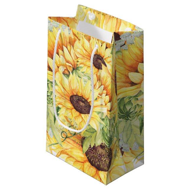 Petit Sac Cadeau Elégante aquarelle jaune Tournesol vert PETITE (Devant Angle)