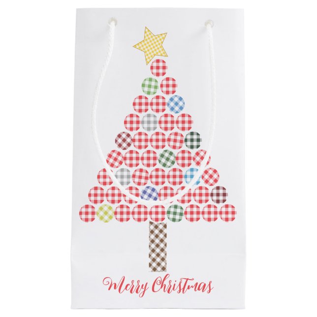 Petit Sac Cadeau en vichy Multicolore Joyeux sapin de Noël (Devant)