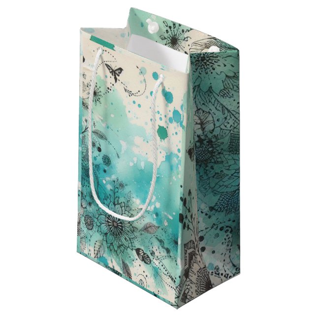 Petit Sac Cadeau Ephémère Turquoise Aquarelle (Devant Angle)