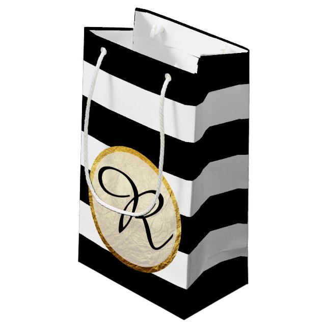 Petit Sac Cadeau Faux Gold Foil Noir Blanc Blancs Monogramme (Dos Angle)