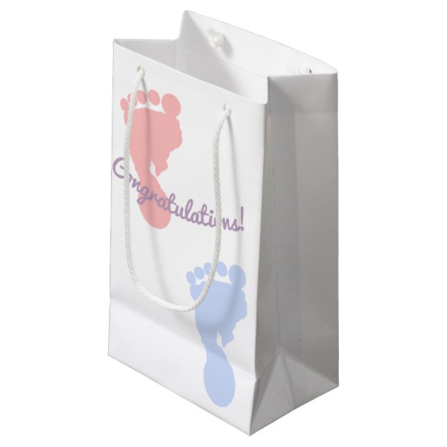 Petit Sac Cadeau Félicitations roses et motif bleu d'empreintes de (Devant Angle)