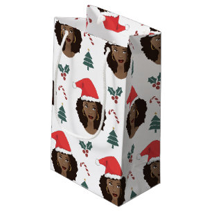 Petit Sac Cadeau Femme noire, chapeau de Père Noël rouge, Motif d