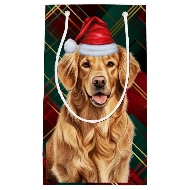 Petit Sac Cadeau Fête Golden Retriever Festive Plaid Noël (Devant)