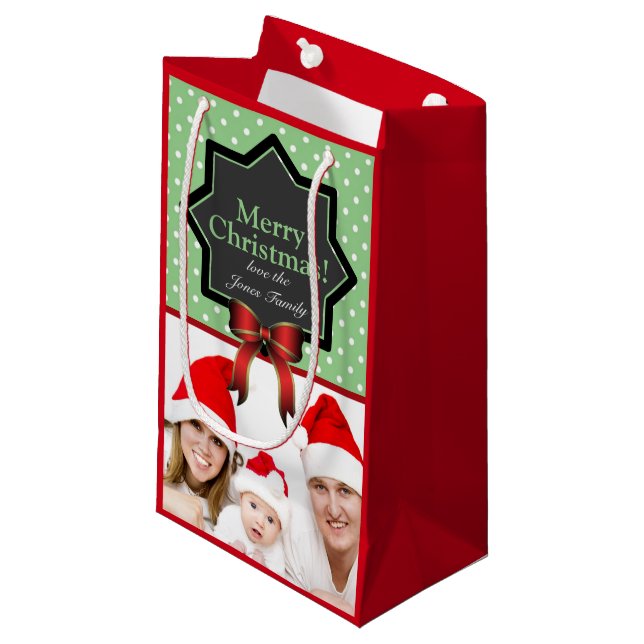 Petit Sac Cadeau Fête Pois verte Photo personnalisée Noël (Devant Angle)