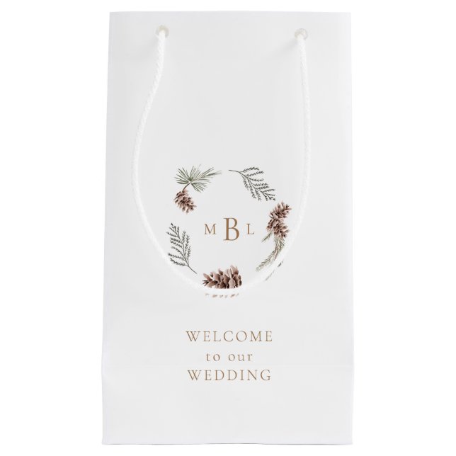 Petit Sac Cadeau Feuillage et or Monogramme Blanc Mariage d'hiver (Devant)