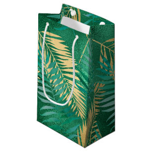 Petit Sac Cadeau Feuille de palmier verte émeraude Jungle dorée lum