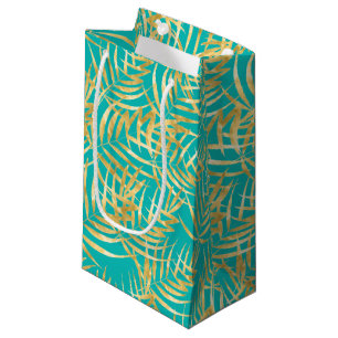 Petit Sac Cadeau Feuilles Gold Palm sur Turquoise