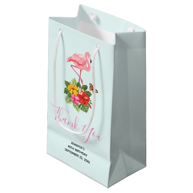 Petit Sac Cadeau Flamant rose rose & Hibiscus Tropical Merci fantai (Devant Angle)