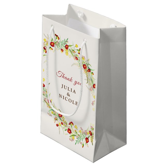 Petit Sac Cadeau Fleur sauvage Jaune Marigold Mariage de feuillage (Devant Angle)