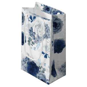 Petit Sac Cadeau Fleurs Bleu Poussiéreux et Bleu Marine Élégantes B