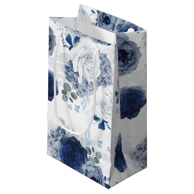Petit Sac Cadeau Fleurs Bleu Poussiéreux et Bleu Marine Élégantes B (Devant Angle)