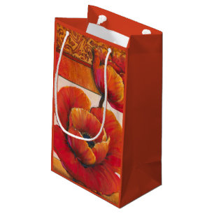 Petit Sac Cadeau Fleurs de pavot sur Tan et Arrière - plan orange