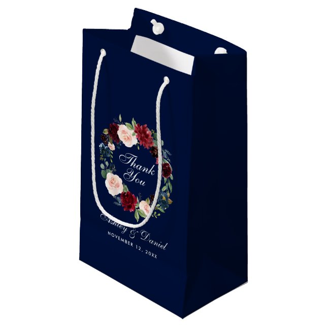 Petit Sac Cadeau  Floral Bourgogne bleu Mariage Merci (Devant Angle)