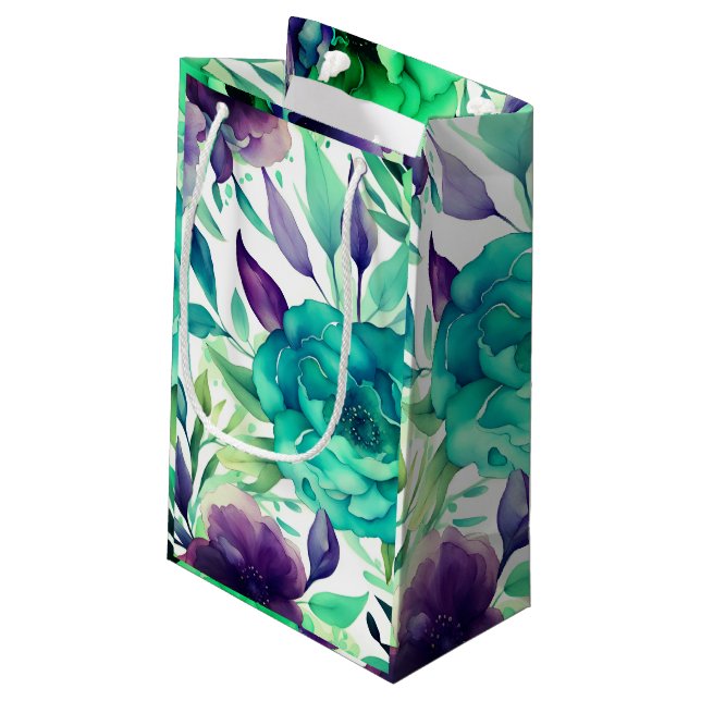 Petit Sac Cadeau Flores d'aquarelle bleu Rose pourpre (Dos Angle)