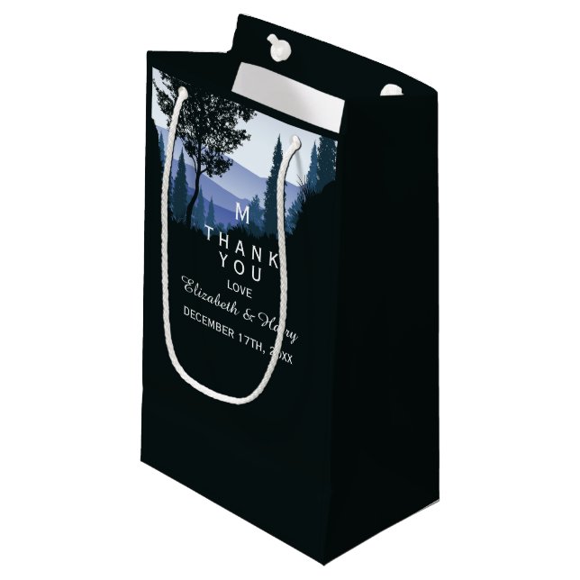 Petit Sac Cadeau Forêt de bois bleu, Merci Mariage rustique (Devant Angle)