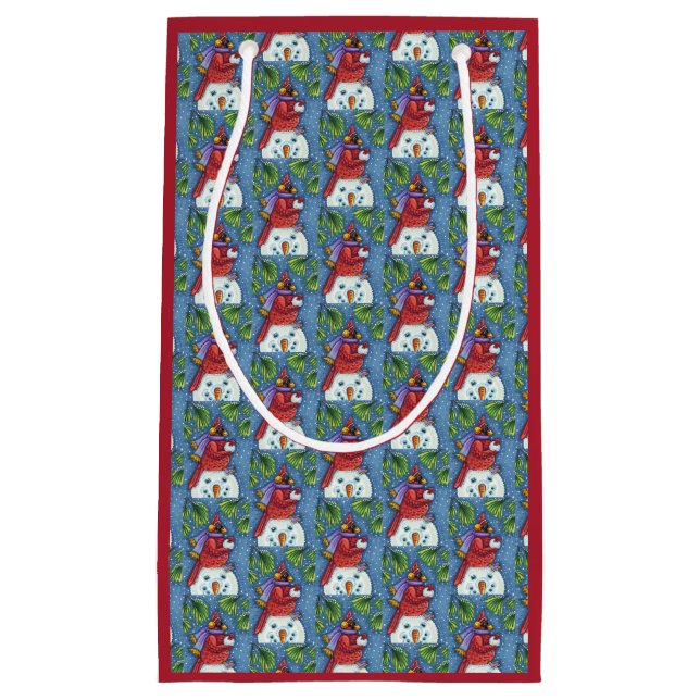 PETIT SAC CADEAU GARDE CARDINAL SNOWMAN, CUTE NOËL REDBIRD (Devant)