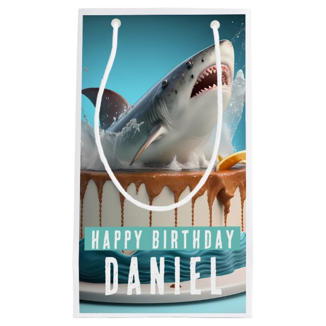 Petit Sac Cadeau Gâteau d'anniversaire sur le thème du requin (Devant)