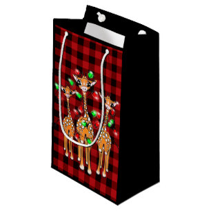 Petit Sac Cadeau girafes de Noël rouge noir plaid
