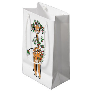 Petit Sac Cadeau Giraffe de Noël festive, guirlande verte rouge