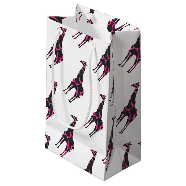 Petit Sac Cadeau Giraffe Rose chaud et Silhouette noire (Devant Angle)