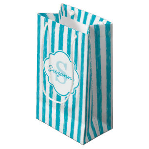 Petit Sac Cadeau Girly Turquoise Peint Stripes Monogramme et nom