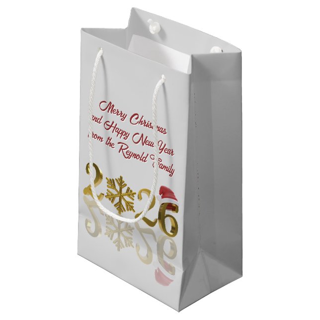 Petit Sac Cadeau Gold Happy New Year 2026 | Snowflake and Santa Hat (Devant Angle)