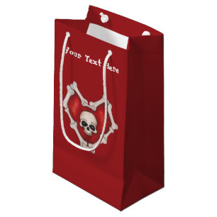 Petit Sac Cadeau Gothique Rouge Coeur Bone Outline Blanc Crâne fonc