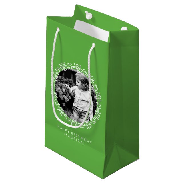 Petit Sac Cadeau Grass Green Personnalisé Fancy Swirls Cadre photo (Devant Angle)
