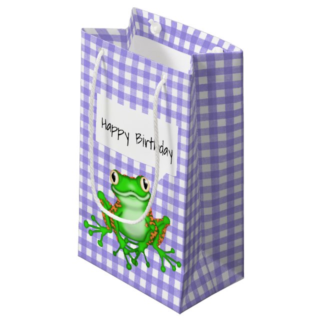 Petit Sac Cadeau Grenouille verte sur En vichy pourpre (Devant Angle)