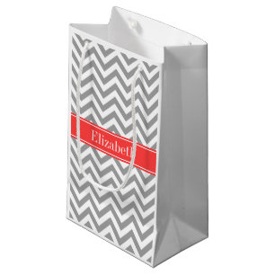 Petit Sac Cadeau Gris foncé Lg Chevron Coral Nom rouge Monogramme